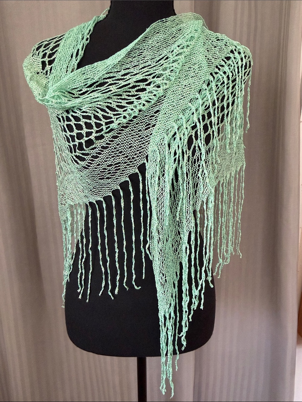 Light Mint w/Gold Threading Knit Fringe Shawl Scarf